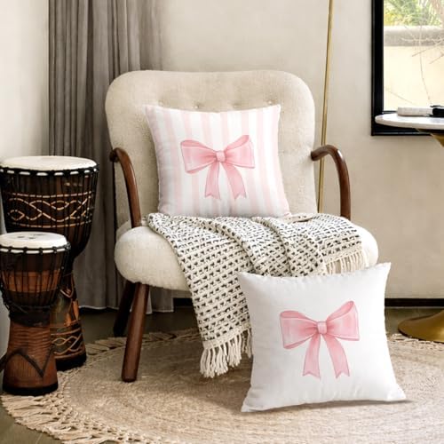 Coquette Pink Bow Striped Pillow Cover 18x18, Girly Ribbon Bow Decorative Throw - Image 4