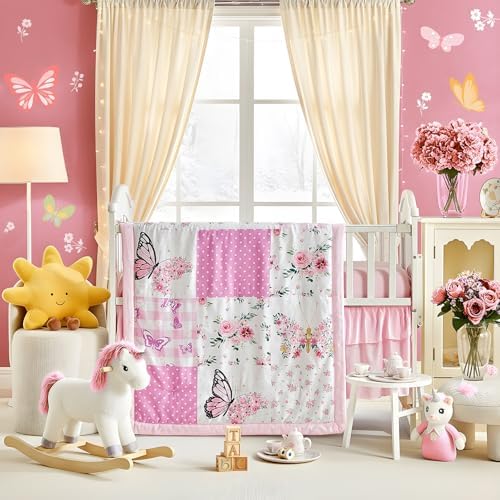 Patchwork Crib Bedding Set Butterfly Plaid Floral Design 3 Pieces Baby Girl - Image 2