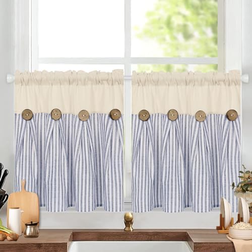 ASPMIZ Cotton Linen Kitchen Curtains 24 Inch Length Sets, Boho Rustic Button - Image 2