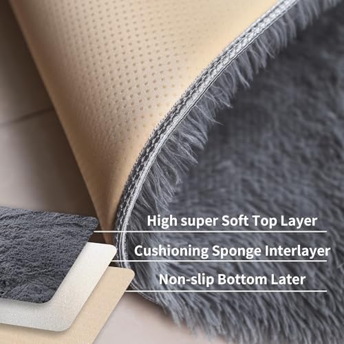Solid Grey Fluffy Shag Runner Rug, Washable Non Slip Soft Carpet - Image 5