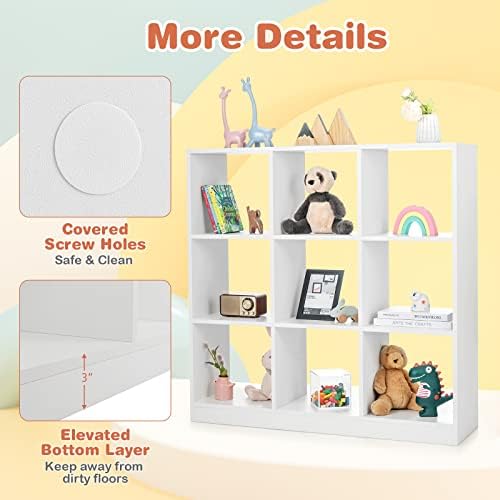 Costzon Toy Organizers and Storage, Wooden White 9-Cube Kids Bookcase - Image 6