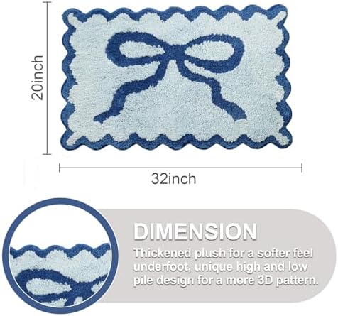 ORTIGIA Cute Blue Coquette Bow Bath Mat, Fun Plush Microfiber Scallop Bathroom - Image 2