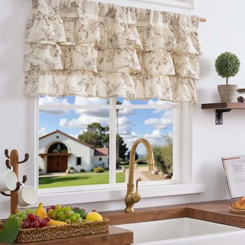 jinchan Ruffled Floral Valance Curtain 18 Inch 1 Panel Taupe on Beige - Image 2