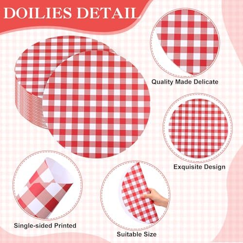 Funnymoom 60 Pcs Red and White Gingham Disposable Paper Placemats Round Table - Image 2