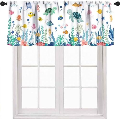 Sea Turtle Curtains Valance, Sea World Underwater Fish Ocean Animals Shark Fish by Unknown