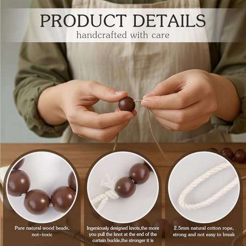 Hion 6 Pcs Boho Curtain Tiebacks, Wood Beads Curtain Holdbacks, Outdoor - Image 3