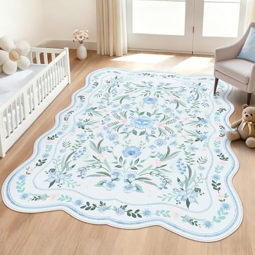 Blue Floral Area Rug 5x7, Washable Scalloped Boho Carpet by Dadasgk