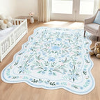 Blue Floral Area Rug 5x7, Washable Scalloped Boho Carpet by Dadasgk