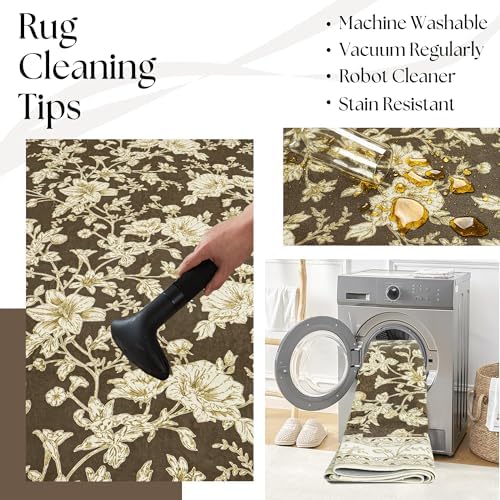 9 x 12 Rug Washable Peony Flower Pattern Brown Large Rugs - Image 4