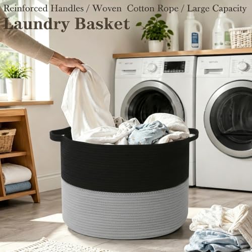 115L Large Blanket Basket, Woven Laundry Basket-Black&Light Grey - Image 5