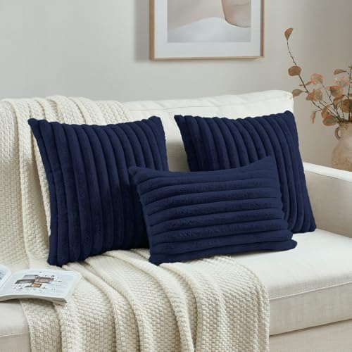FUTEI Pack of 2 Faux Fur Throw Pillow Covers 12x20 Inch, Dark Navy - Image 4