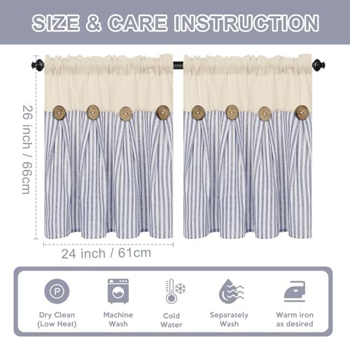 ASPMIZ Cotton Linen Kitchen Curtains 24 Inch Length Sets, Boho Rustic Button - Image 6