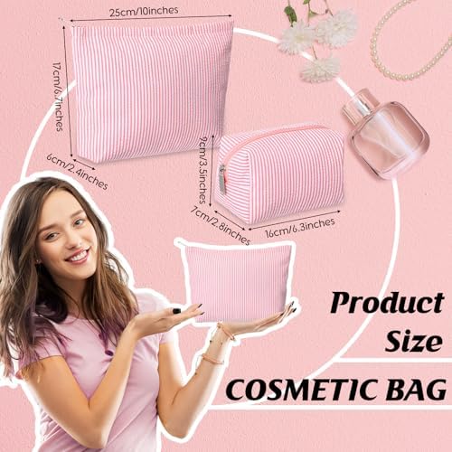 Huhumy 2 Pcs Makeup Bag Set for Women, Rose Pink, Thin Stripe - Image 2