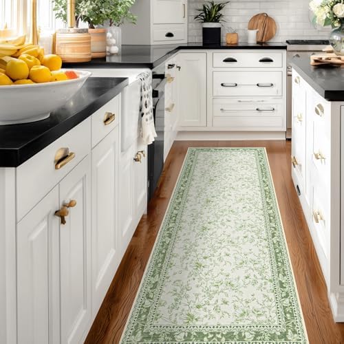 Light Green Kitchen Rug 3x8 Modern Vintage Boho Farmhouse Unique Floral Sage - Image 6