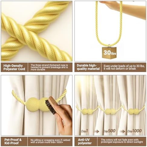 Hion Magnetic Curtain Tiebacks Golden 4pcs, Curtain Holdbacks Hooks Holders - Image 3