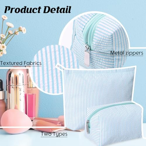 Huhumy 2 Pcs Makeup Bag Set for Women, Light Blue, Thin Stripe - Image 3