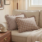 Set of 2 Ruffle Gingham Lumbar Pillow Covers 12x20 Inch Cotton Brown and White - Image 4