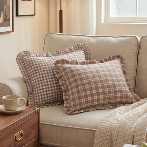 Set of 2 Ruffle Plaid Lumbar Pillow Covers 12x20 Inch Cotton Brown and White - Image 4