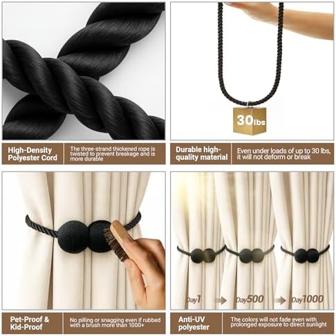 Hion Magnetic Curtain Tiebacks Black 6pcs, Curtain Holdbacks Hooks Holders - Image 3