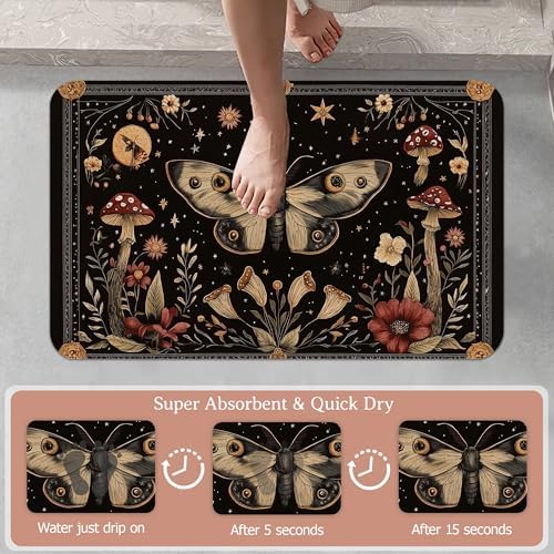 Black Poppy Moth Bathroom Rugs, Mushroom Moon Bath Mats - Image 3