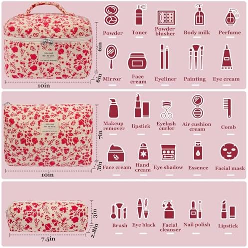 Gosect 3pc Makeup Bag Set, Quilted Makeup Bag Set, Large Floral Cosmetic Bag - Image 2