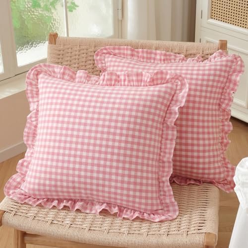 Set of 2 Light Pink and White Ruffled Throw Pillow Covers 18x18 Inch, Gingham by HOSTECCO