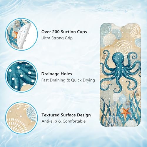Bath Mat for Tub, Nautical Octopus Bathtub Mats, Machine Washable, Non Slip - Image 3