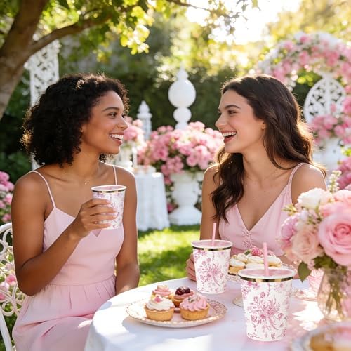 WRAPAHOLIC 50 Pcs Floral Paper Cups - 9 oz Pink Toile Flower Disposable Cup - Image 4