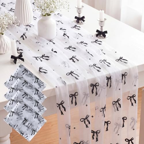 4 Pcs White Tulle Table Runner Black Bow, 29 X 70 Inch Lace by Windkream