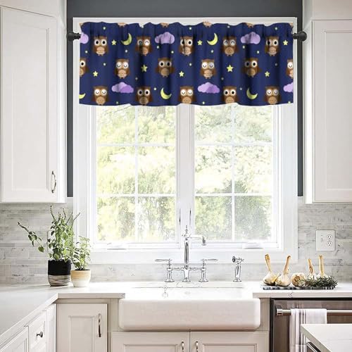 Cute Owls Valance Curtains for Window, Cartoon Animal Navy Blue Rod Pocket - Image 6