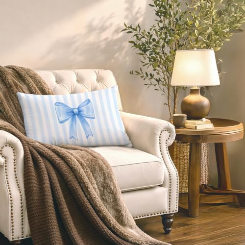 Coquette Blue Bow Pillow Covers 12x20, Coquette Room Decor, Preppy Blue Striped - Image 5