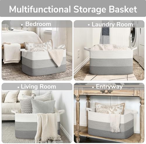Goodpick Large Woven Rope Blanket Basket, Light Gray - Image 4