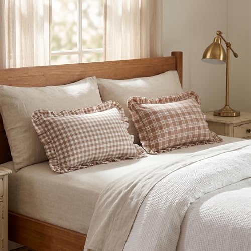 Set of 2 Ruffle Gingham Lumbar Pillow Covers 12x20 Inch Cotton Brown and White - Image 3