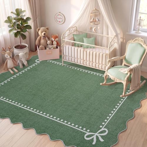 Garvee Scalloped Bow Rug Green Washable Solid 4x6 Area Rugs by Garvee
