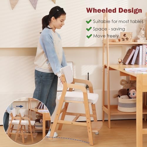 Swegrow Wooden High Chair with 2 Wheels, Adjustable Seat - Image 6