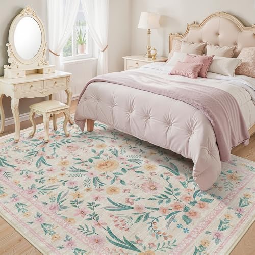 8x10 Pink Floral Area Rug, Large Washable Living Room Carpet - Image 2