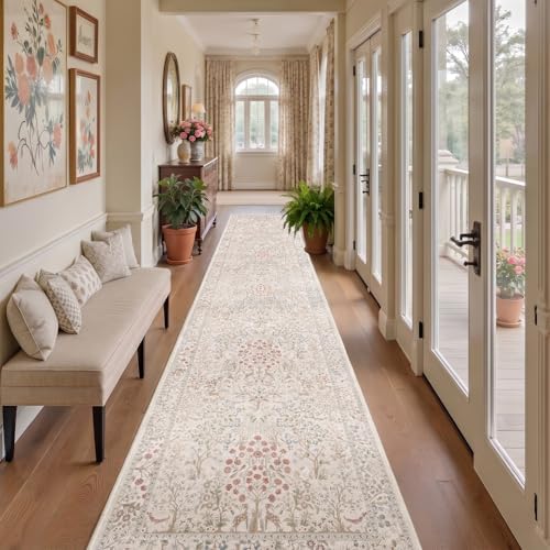 Floral Animal Cream 2x10 Long Hallway Runner Rug, Washable Non Slip Ultra Thin - Image 4