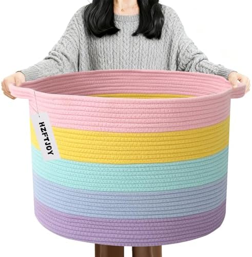 90L Large Blanket Basket, Rope Woven Laundry Basket-Colorful by HZFTJOY