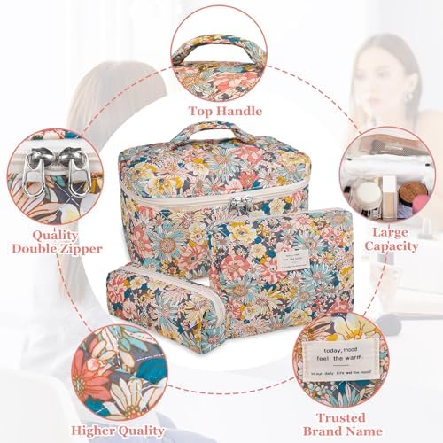 Gosect Makeup Bag Set, Quilted Makeup Bag, Large Floral Cosmetic Bag - Image 3