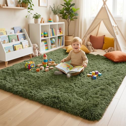 Amdrebio Olive Green Shag Plush Area Rug 4x6 - Image 5
