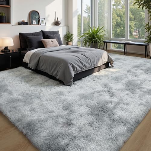 Grey Fluffy 8x10 Area Rug, Tie-Dye Light Gray Soft Washable Shag Carpet - Image 6