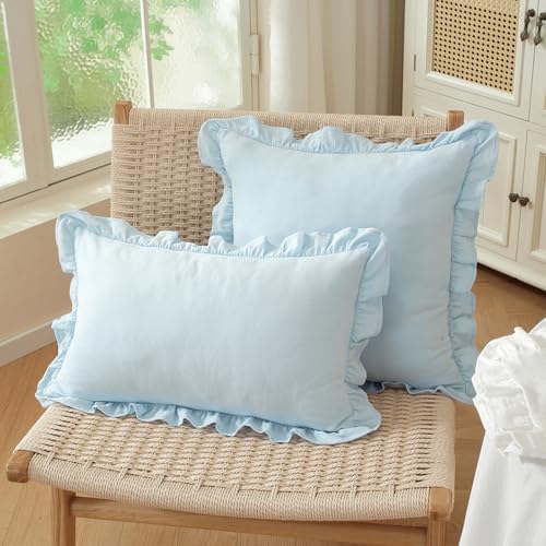 Set of 2 Light Blue Ruffled Lumbar Pillow Covers 12x20 Inch, Soft Fabric Solid - Image 3