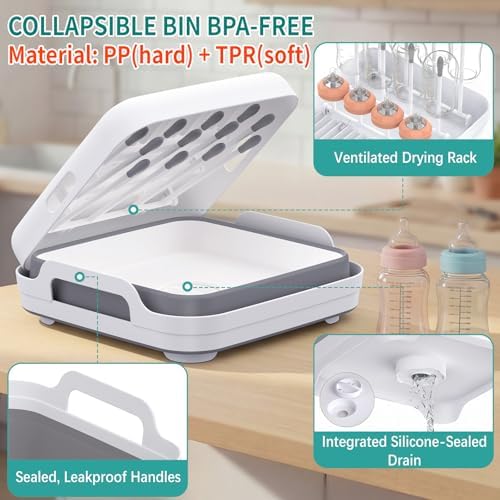 Yecuip Collapsible Baby Bottle Wash Basin w/Drying Rack & Drain Plug - Image 3