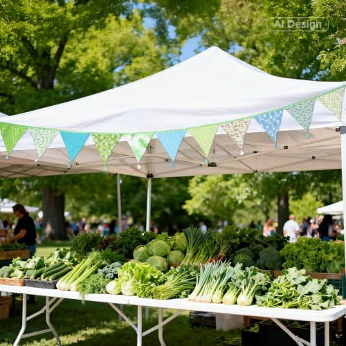 G2PLUS 10.8Ft Cotton Triangle Bunting Banner – 12pcs Blue and Green Floral - Image 4