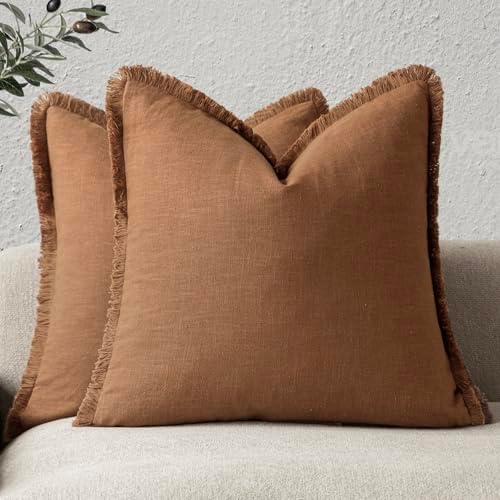 Foindtower Decorative Linen Fringe Throw Pillow Covers 16×16 Orange Brown by Foindtower