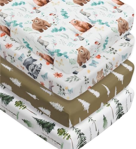 4 Pack Woodland Forest Animals Wood Neutral Unisex Fitted Baby Crib Sheets Set by Jola%27s+House