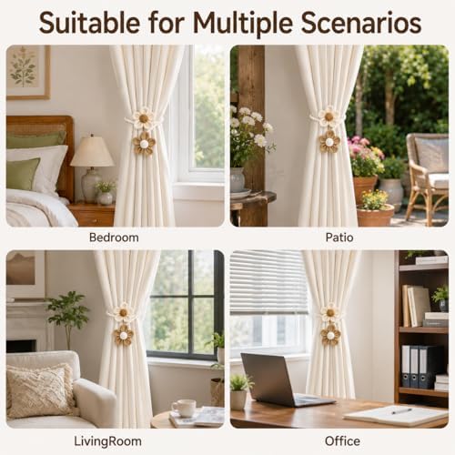 2 Pack Boho Curtain Tiebacks, Adjustable Linen Cotton Flower Holdbacks - Image 7