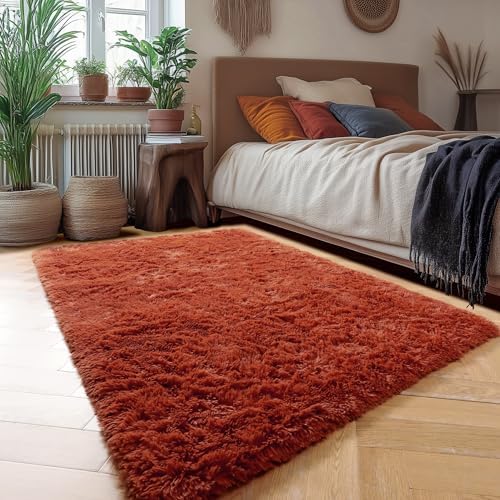 Amdrebio Terracotta Rust Furry Kids Area Rug 4x6 - Image 3