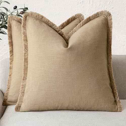 Foindtower Decorative Linen Fringe Throw Pillow Covers 26×26 Light Khaki by Foindtower