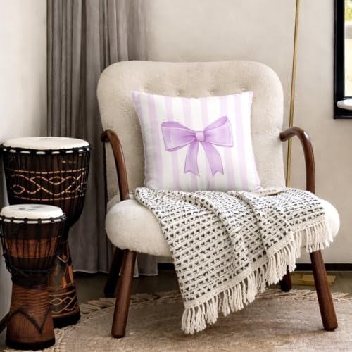 Lavender Bow Decorative Throw Pillow 18x18 Inch – Cute Blush Pink Striped - Image 4